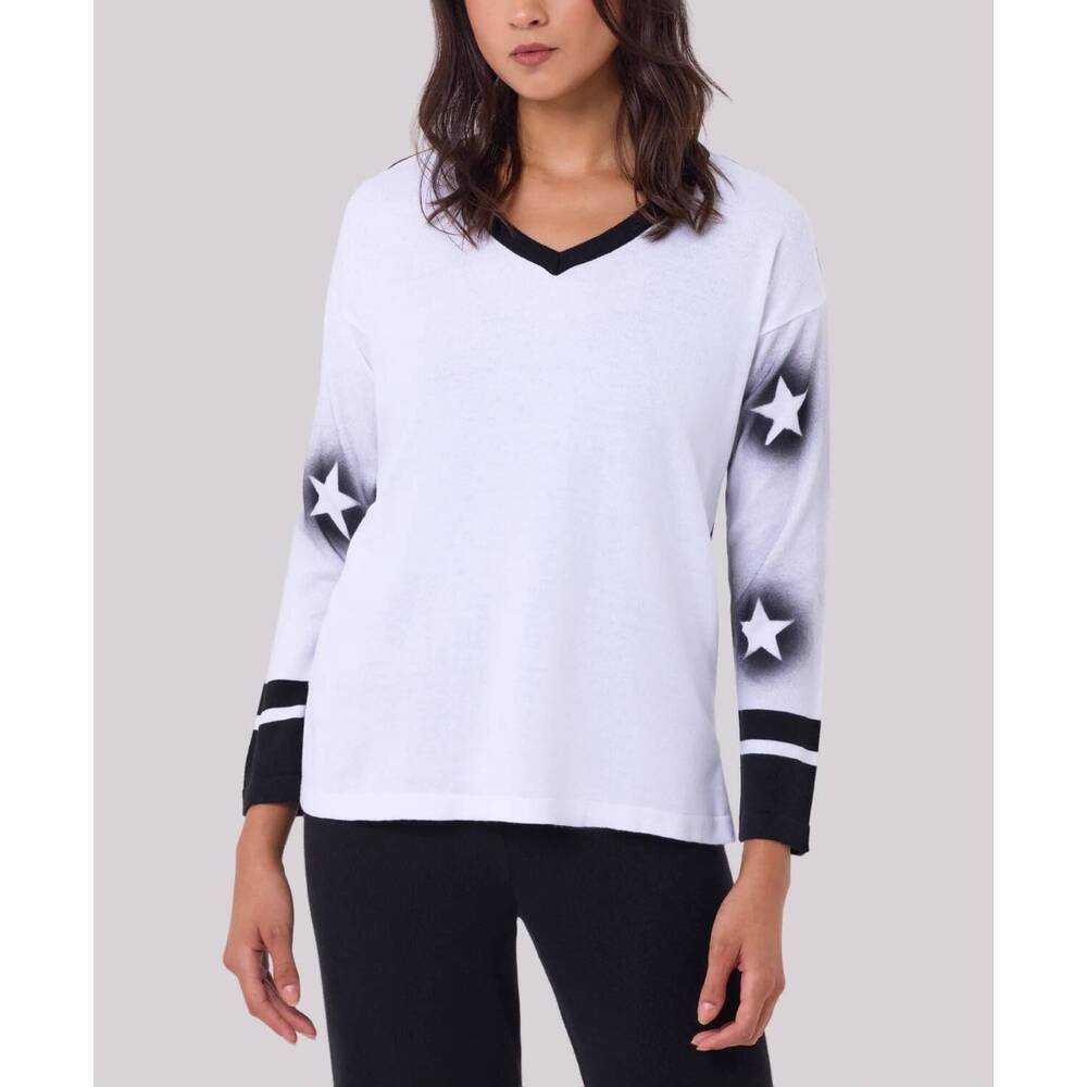 NEW ANGEL APPAREL star v-neck knit top in white/black